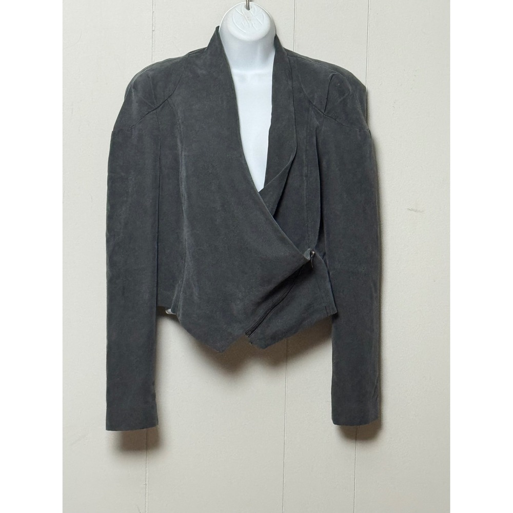 Topshop Women's Gray Asymmetrical Zip Cropped Jacket Cupro Blend Size 10